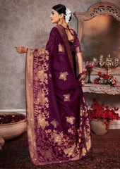 Fancy Sequined Embroidered Maroon Coloured Saree with Blouse Piece