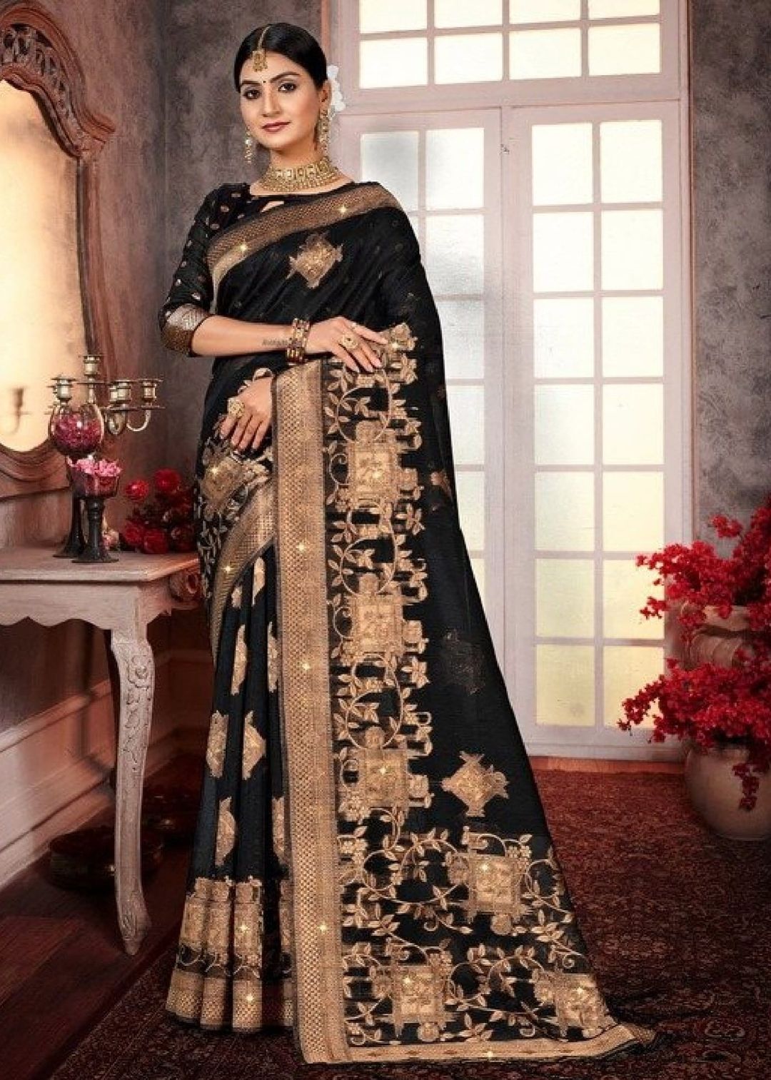 Ethnic Solid Art Embroidered Black Colored with Golden Border Saree