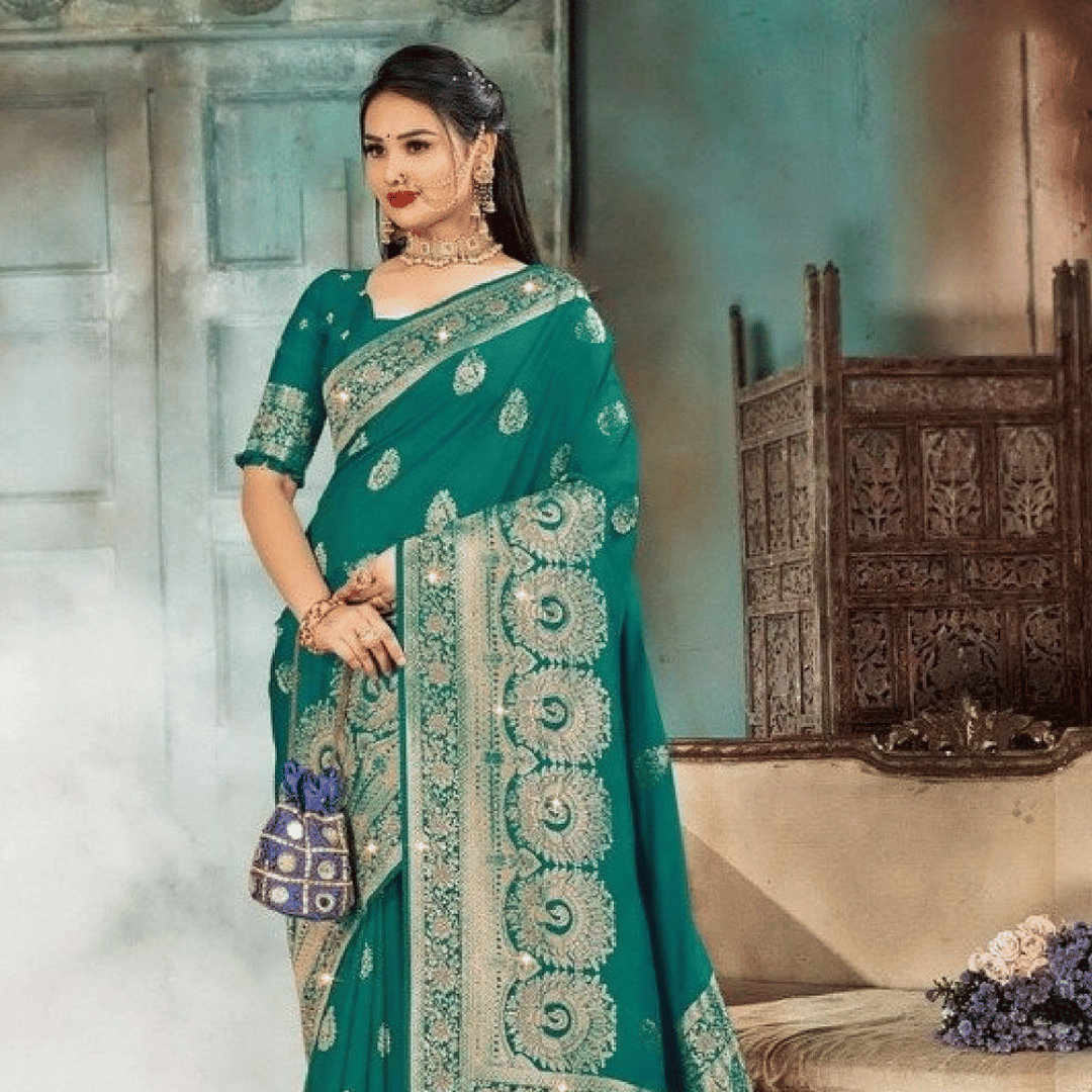Fancy Sequined Embroidered Green Coloured Saree with Blouse Piece