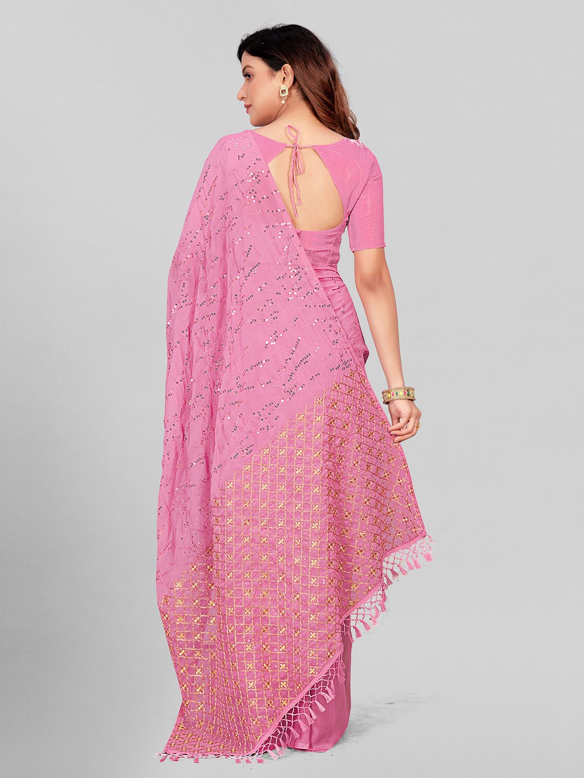 Fancy Sequined Embroidered Peach Pink Coloured Georgette Saree with Blouse Piece